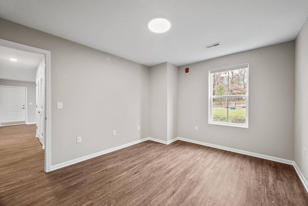 A room with wooden floors and a window showing a view of a tree.