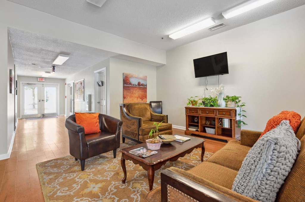 a living room with a couch and a television