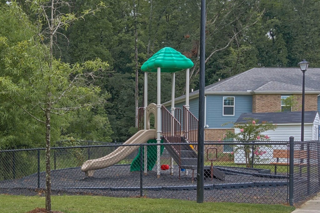 a playground with a slide in a backyard