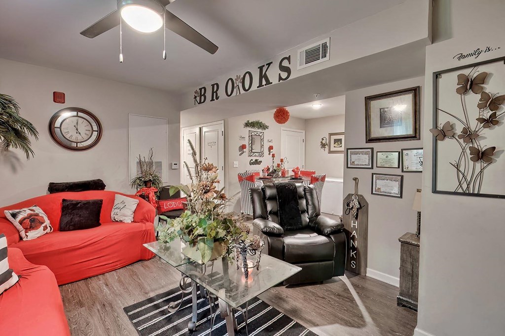 a living room with a couch and a table