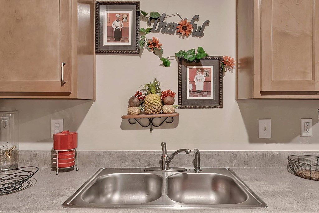 a kitchen sink with pictures on the wall above it