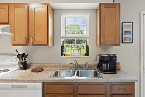 a kitchen with a sink and a window