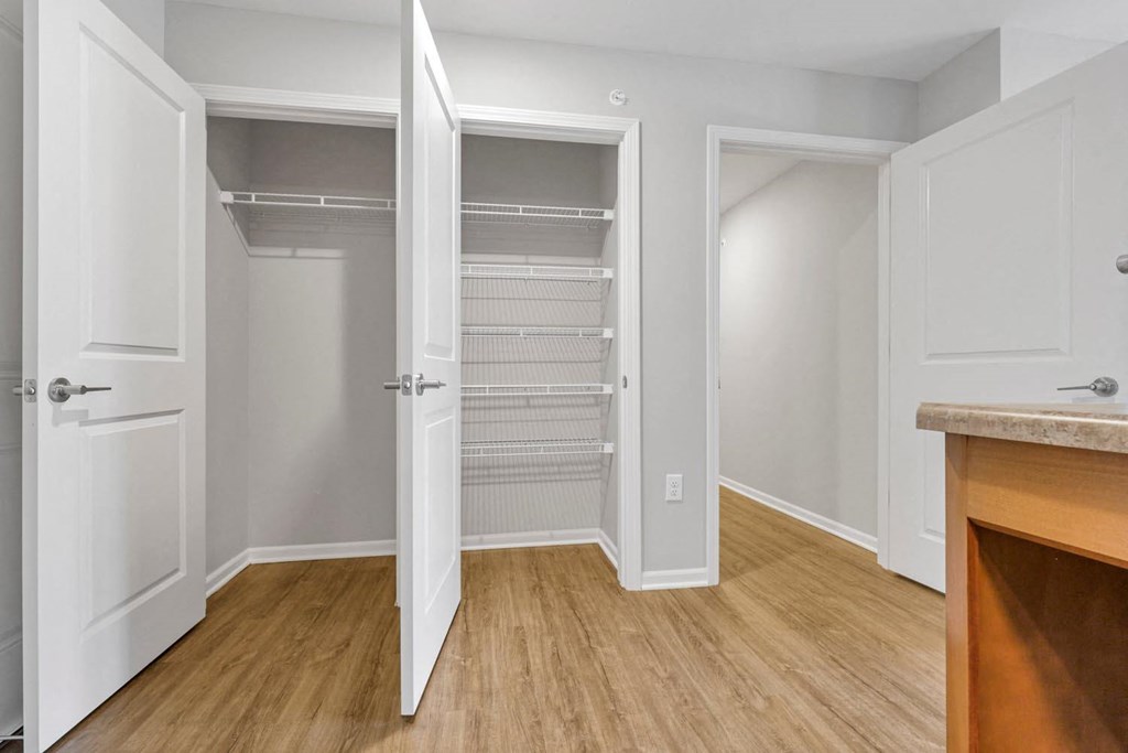 a bedroom with a closet and an open door