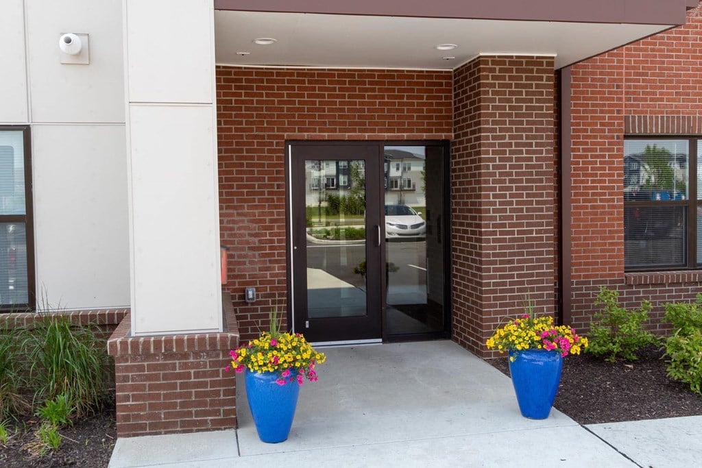 a brick building with a black door and two blue planters with colorful flowers
