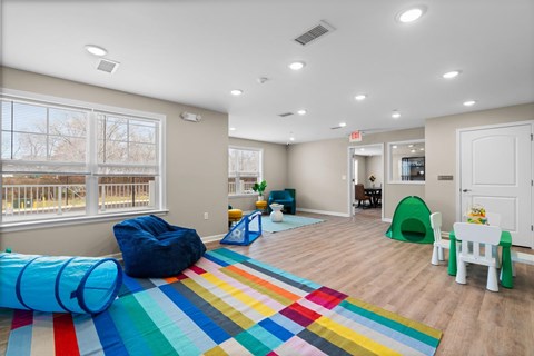 A room with a colorful rug and toys for children.