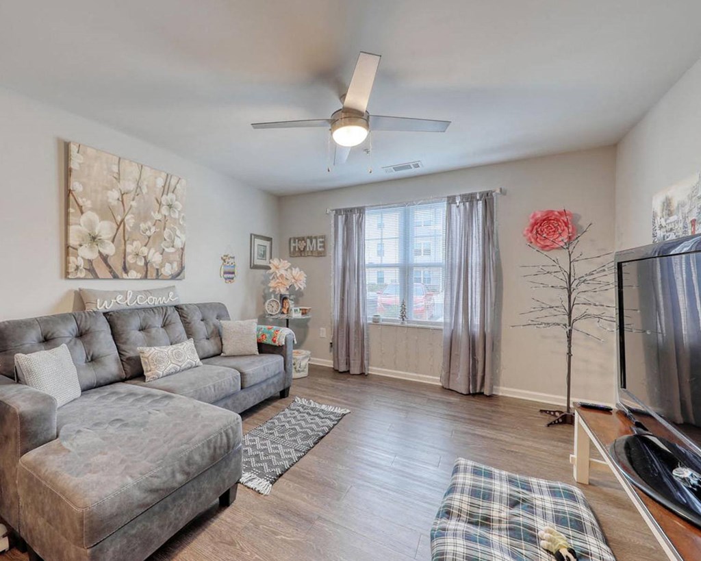 a living room with a couch and a tv in front of a window