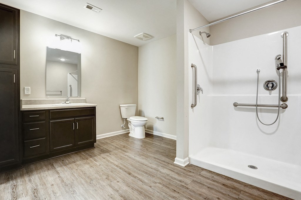 a bathroom with a shower toilet and sink and a mirror