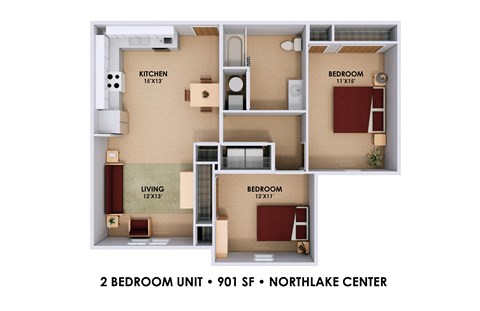 the living room of a two bedroom unit at the northhatchee center apartments