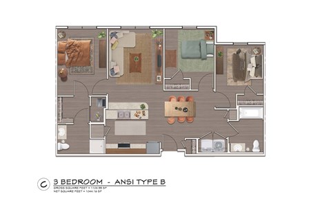 A floor plan of a 3 bedroom Ansi Type B house.