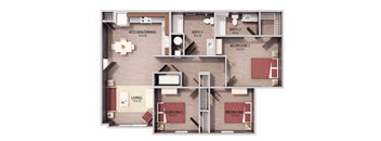 A floor plan of an apartment with three bedrooms, a living room, a kitchen, and two bathrooms.
