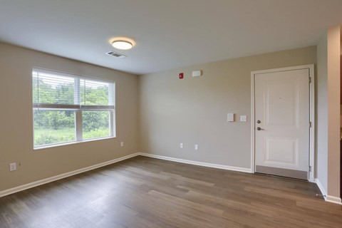 A room with a white door and a window with a view of trees.