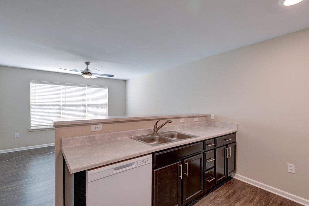 a kitchen with a sink and a ceiling fan