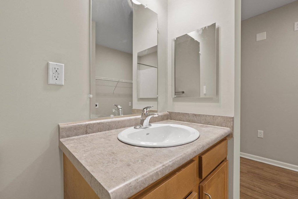 a bathroom with a sink and a mirror