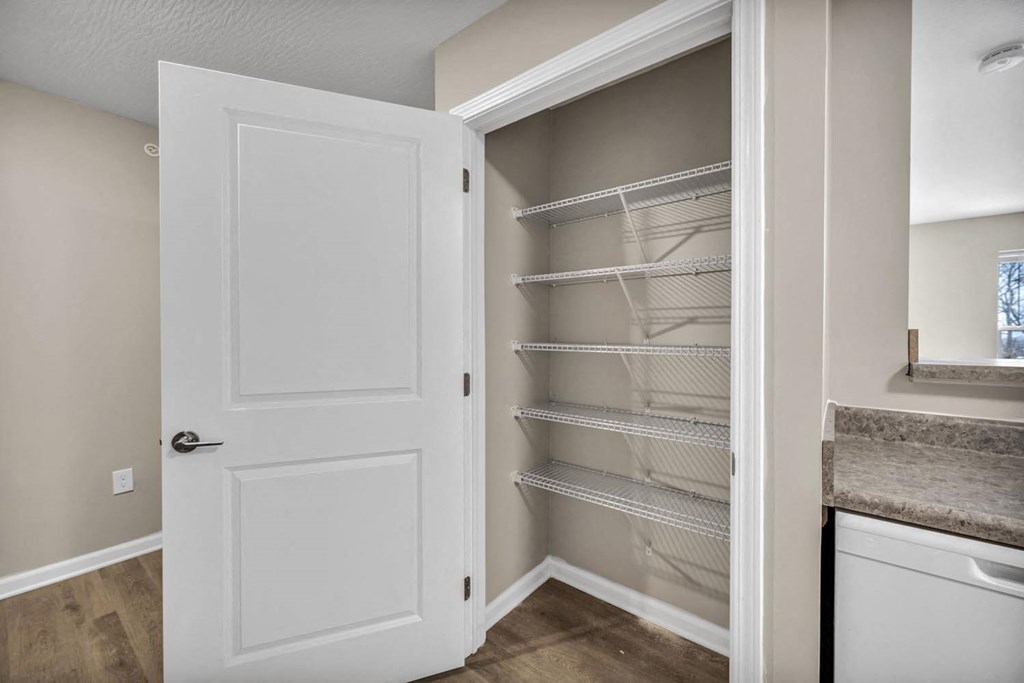 a closet with shelves and a white door