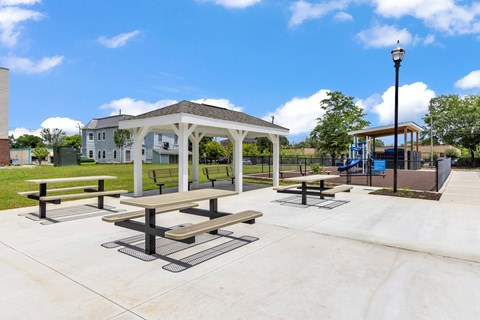 A park with a pavilion, picnic tables, and a playground.