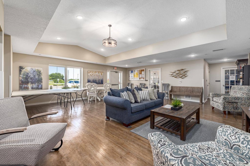 a living room with a couch and a table