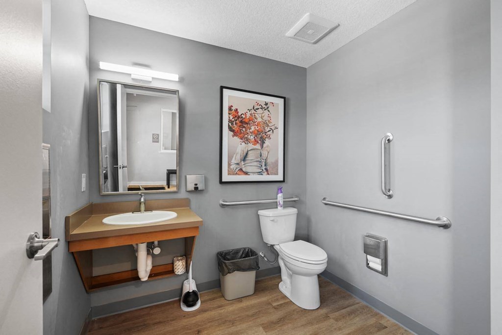 A bathroom with a sink, toilet, and a mirror.