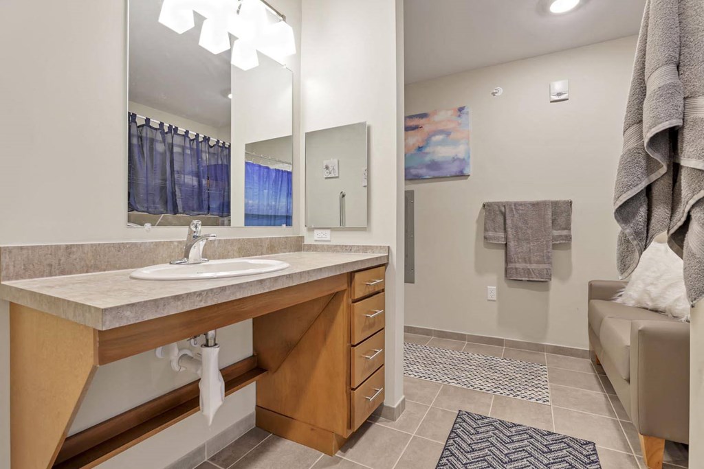 a bathroom with a sink and a mirror