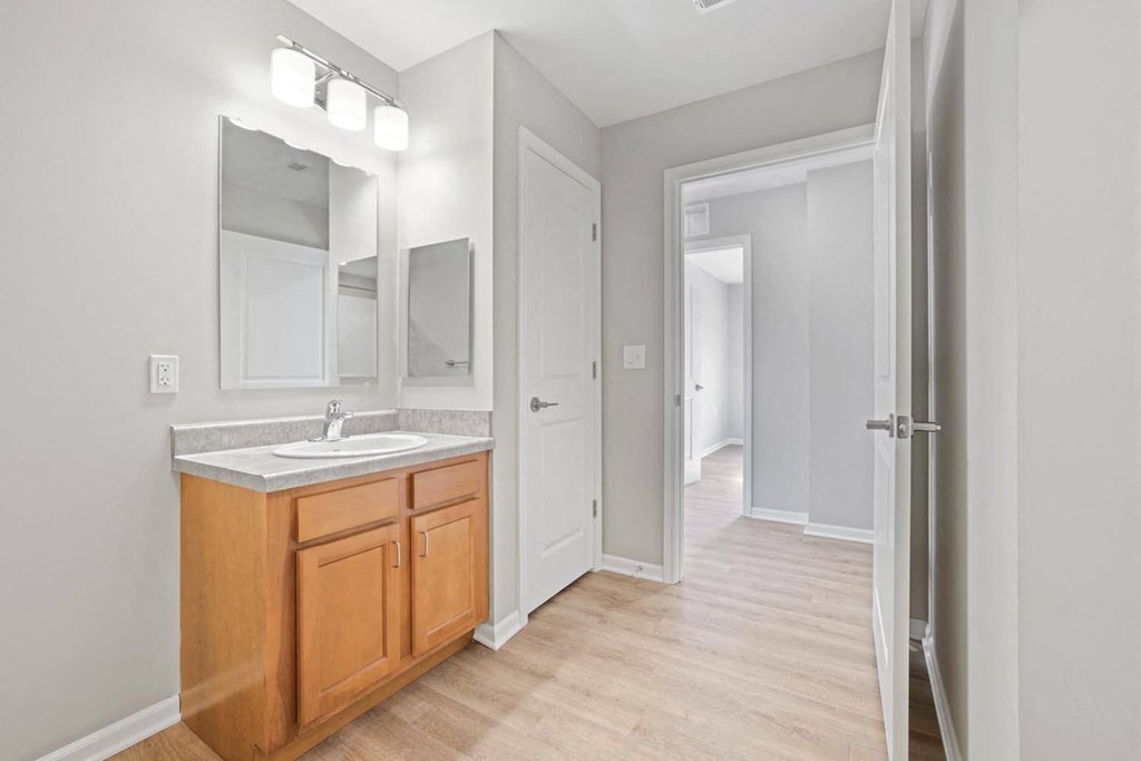 a bathroom with a sink and a mirror