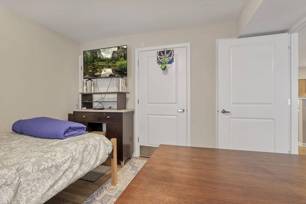 a bedroom with a bed and a desk and a door