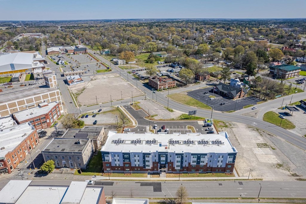 an aerial view of a building in a city