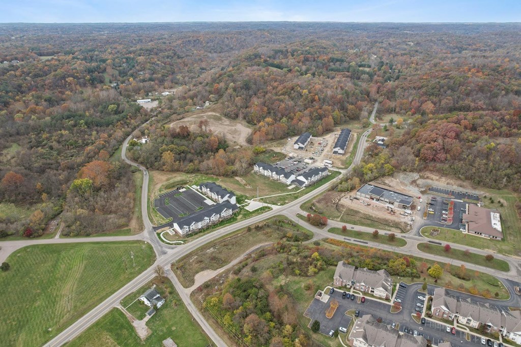 an aerial view of a city street and buildings