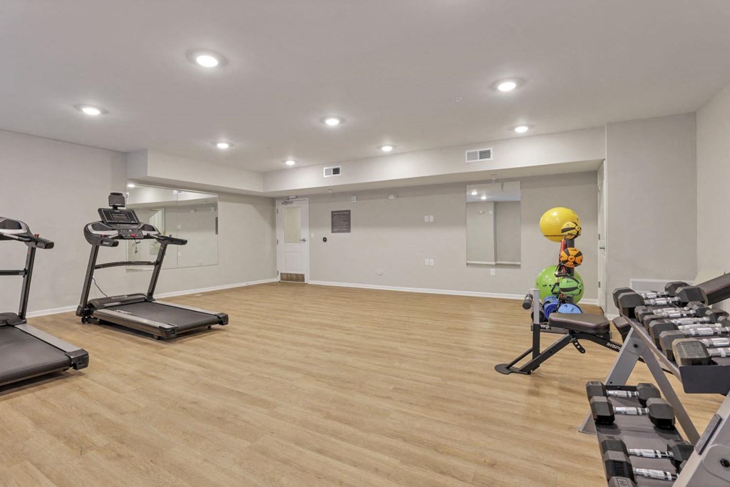 a gym with treadmills and weights in a room with white walls