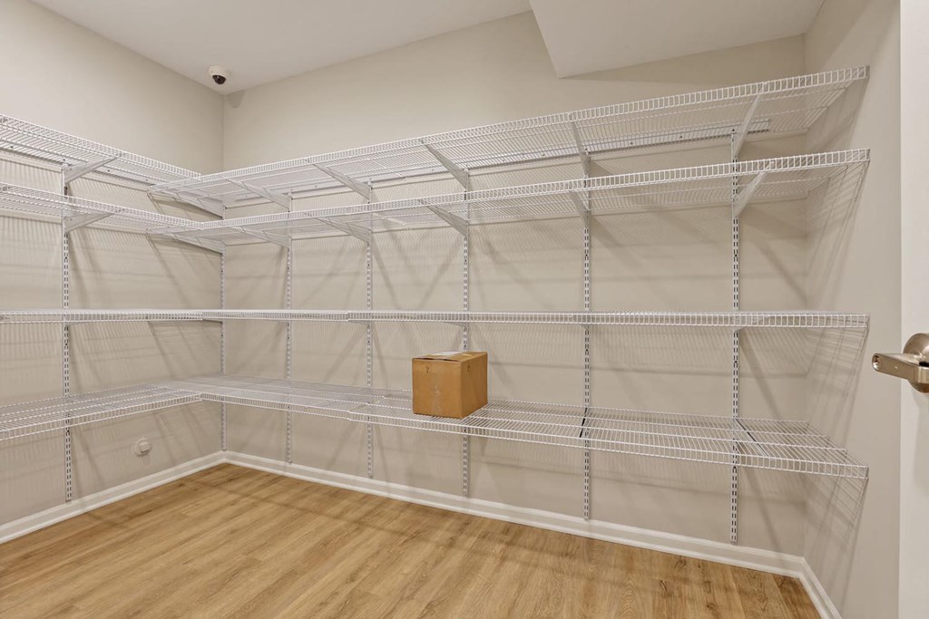 an empty closet with shelves and a wooden floor