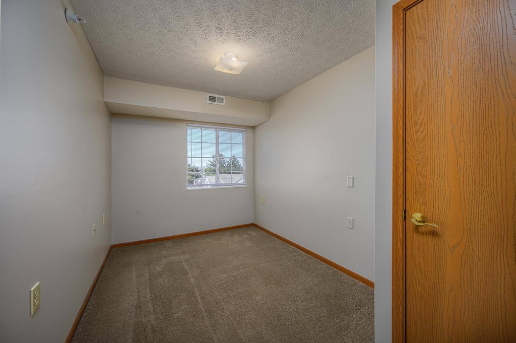 A room with a brown carpet and a wooden door.