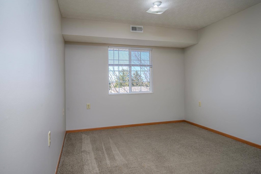 A room with a carpeted floor and a window.