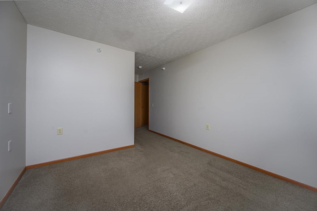 A room with a carpeted floor and a brown door.