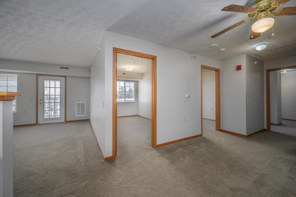 A spacious room with a ceiling fan and carpeted floor.