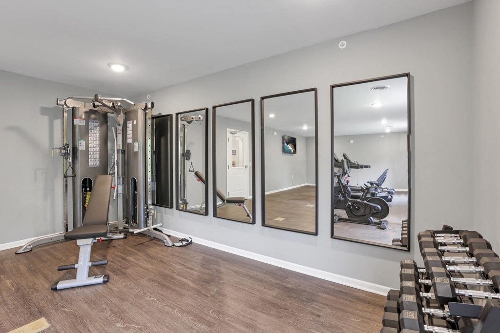 a row of mirrors on the wall in a gym with wood flooring
