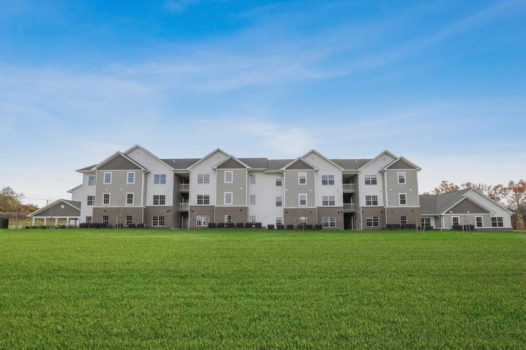 the apartments are located on a large green field