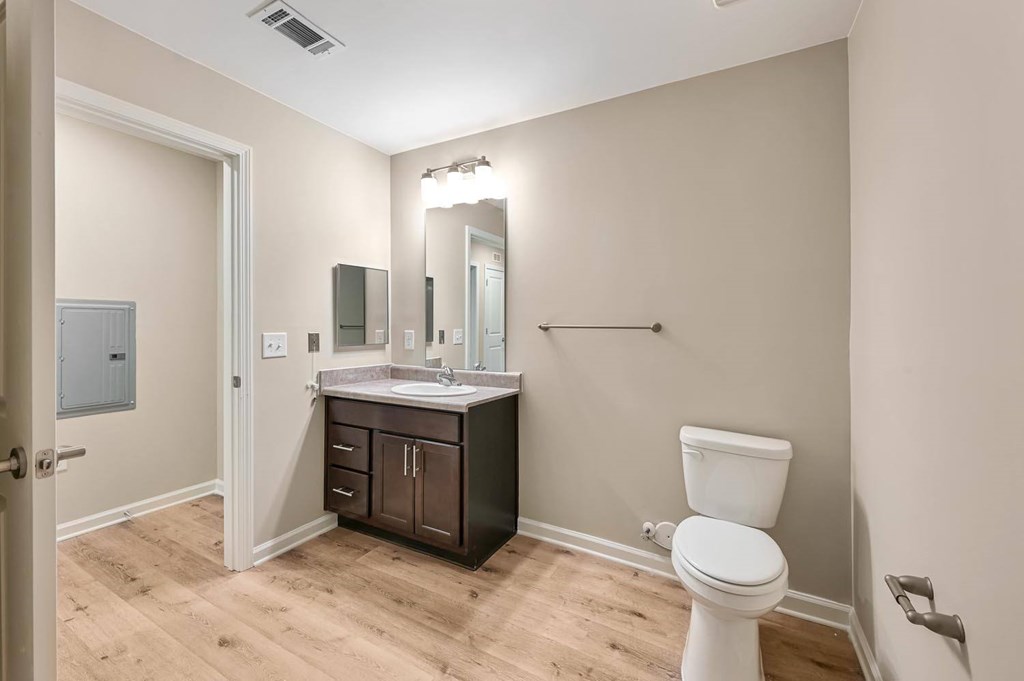 A bathroom with a white toilet and a sink with a mirror above it.