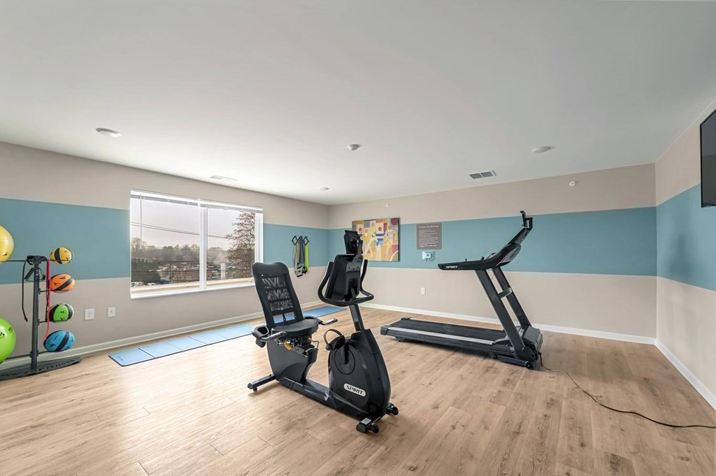 A home gym with a treadmill, exercise bike, and a rowing machine.