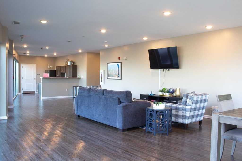 A living room with a grey couch and a wooden floor.