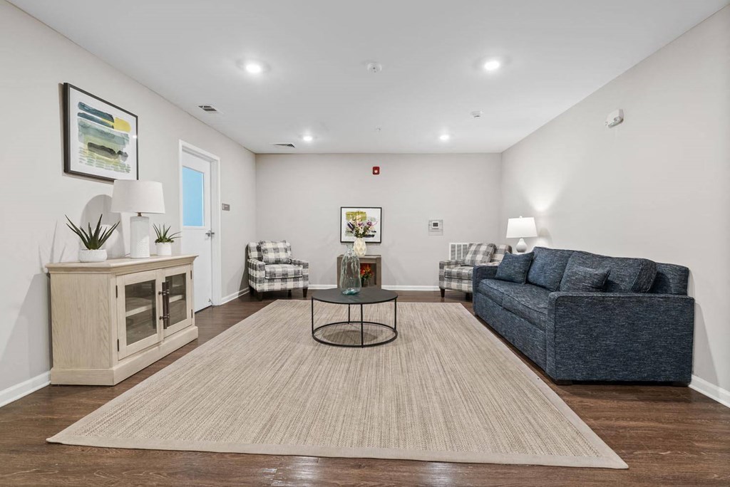 a living room with two couches and a coffee table