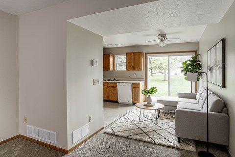 A living room with a grey couch and a rug.