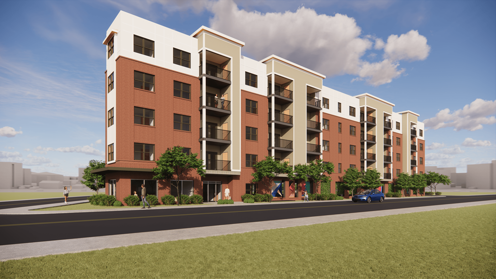 a rendering of an apartment building on a city street
