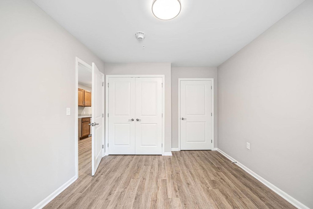 A room with two white doors and a light on the ceiling.