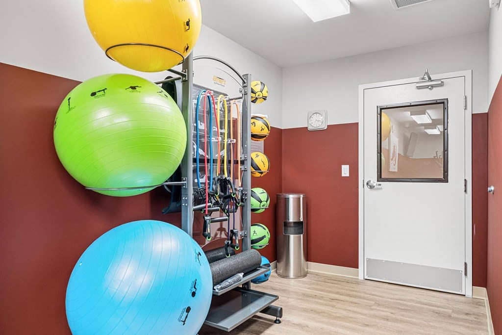 A gym with a blue ball, a green ball, and a yellow ball hanging from the ceiling.