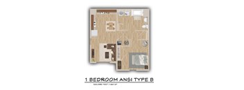 A floor plan of a 1 bedroom apartment type B with 660 square feet.