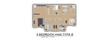 A 3 bedroom apartment type B floor plan with a total area of 1,143 square feet.