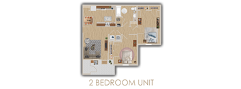 A 2 bedroom unit with a living room, kitchen, and bathroom.