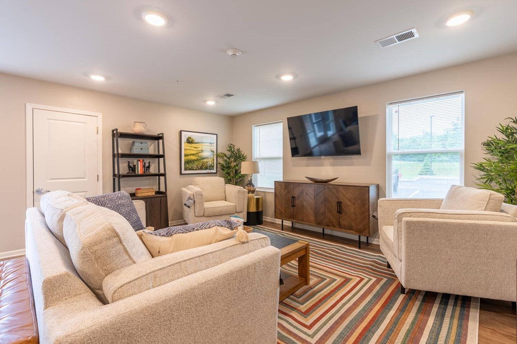 a living room with couches and chairs and a television