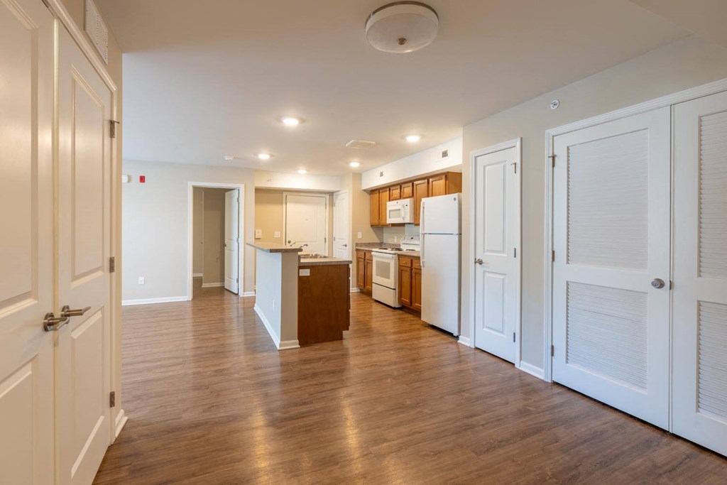 a kitchen and living room with wood floors and white doors