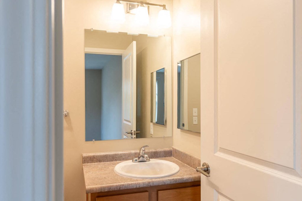 a bathroom with a sink and a mirror