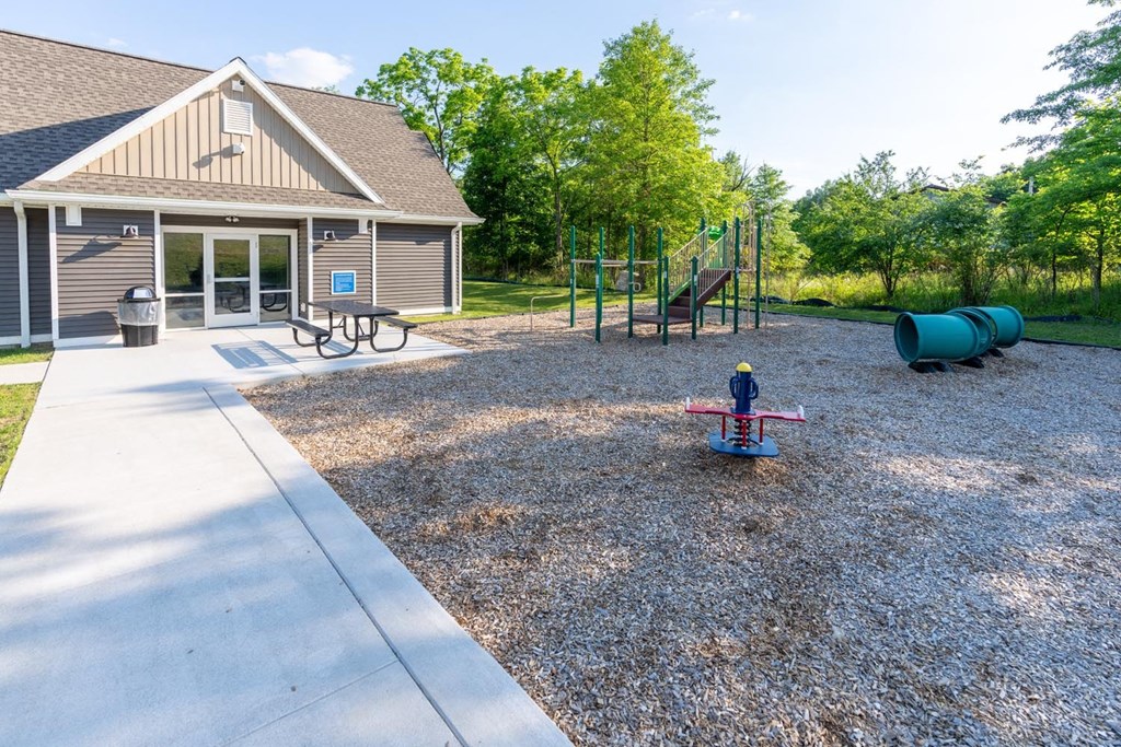 a playground and a house in a park