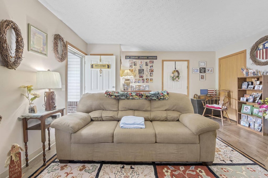 a living room with a couch and a rug